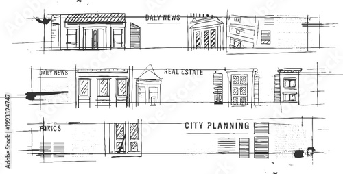 Hand drawn of city buildings and newspaper headlines like daily news real estate and city planning architecture