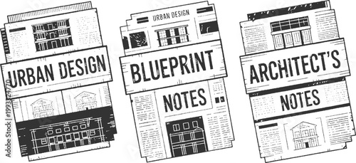 Three stacked architectural with text labels urban blueprint notes architects notes architecture