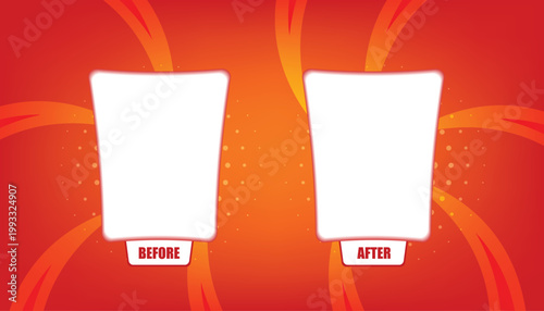 Before and After comparison template with two blank frames on an orange-red sunburst background.