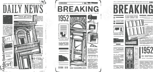 Three vintage newspaper pages with architectural and headlines breaking daily