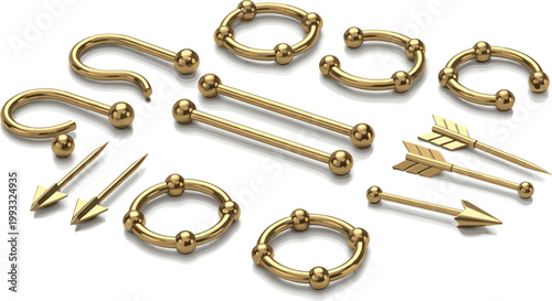Golden Jewelry Piercing Set with Rings Bars and Arrow Accessories Shiny Metal Body Adornment Collection Isolated on White Background Vector Illustration