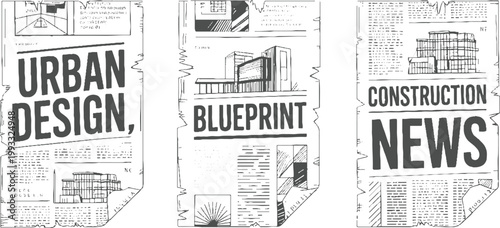 Three newspaper pages with architectural and headlines urban blueprint construction news