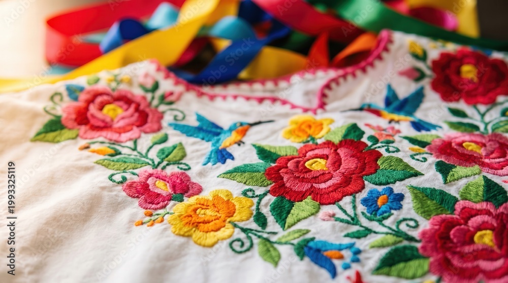 Obraz premium Close up of traditional Mexican hand-embroidered blouse with vibrant floral patterns. Mexican culture, folk art and textile heritage.