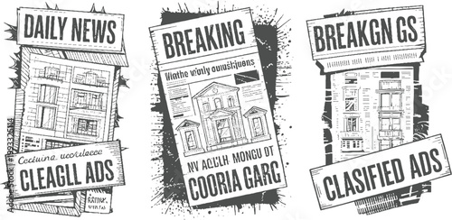 Three vintage newspaper headlines daily news breaking news classified ads with sketchy buildings and ink splatters