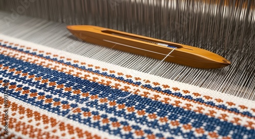 Traditional Textile Weaving on Loom with Wooden Shuttle and Colorful Pattern