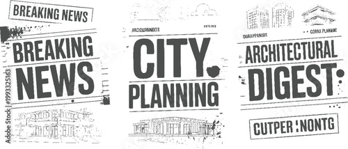 Three newspaper style layouts with bold text and architectural breaking city