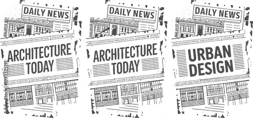 Three newspaper front pages featuring architecture and urban headlines with building daily