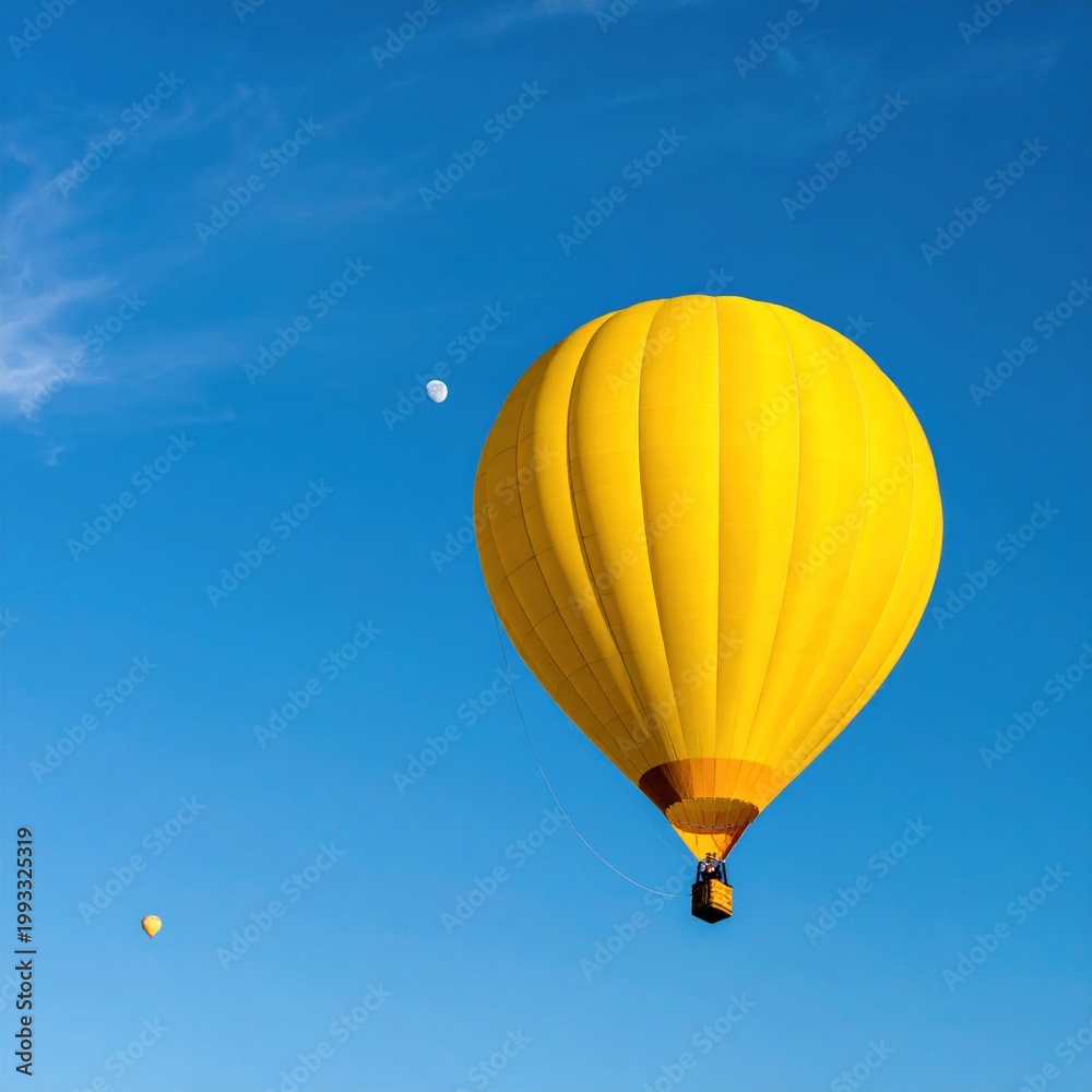 Obraz premium Bright yellow hot air balloon soars against a clear blue sky, exuding freedom and adventure