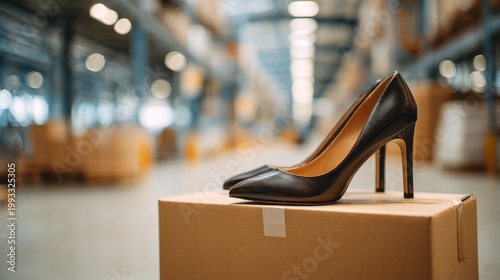 Pair of modern high heels shoes on a cardboard box in warehouse setting
