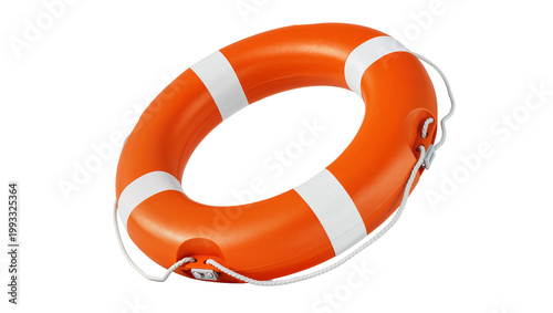 Bild auf Leinwand Bright orange life preserver with white stripes and rope handles