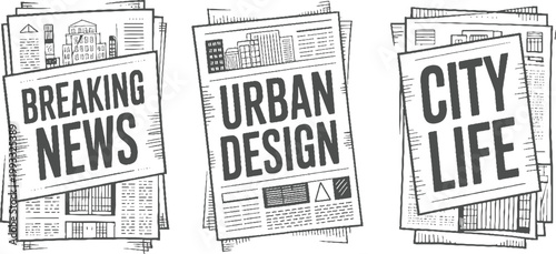 Three newspapers with headlines breaking news urban city life in style
