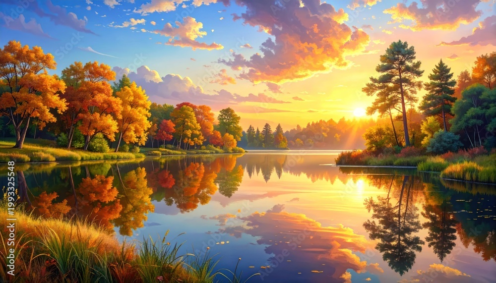 Obraz premium A tranquil lake reflects vibrant autumn trees and a glowing sunset, framed by soft clouds and a gentle shoreline