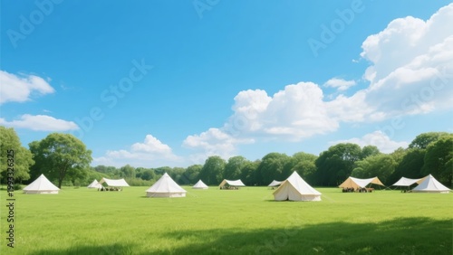 White tents set up in a grassy field under a clear blue sky with scattered clouds