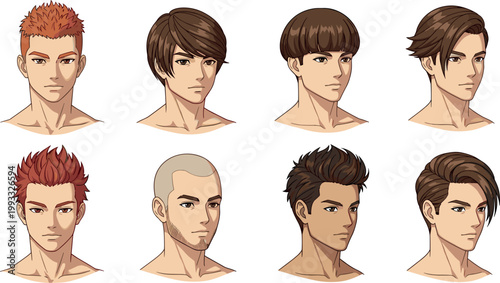 Anime Manga Male Character Hairstyle Vector Set with Spiky Bowl Cut Buzz Styles for Game Comic Avatar and Boy Profile Illustrations