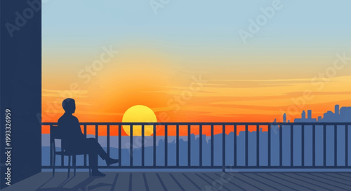 Silhouette of a person sitting on a chair, contemplating the sunset.