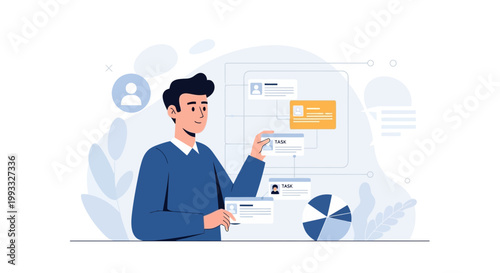 Man analyzing business data and user profiles on a digital board