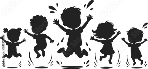Happy diverse children silhouettes jump high with joy and energy on a bright white background