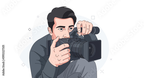 Man filming with professional video camera, videographer shooting footage, media production