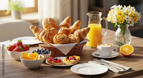 Rustic wooden breakfast table with fresh croissants, seasonal fruits, juice, coffee, and floral arrangement in soft morning light