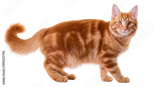 Ginger tabby cat standing full body portrait with fluffy fur