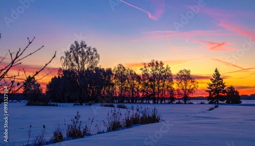 Winter landscape at sunset with silhouetted trees and vibrant orange, pink, and blue sky