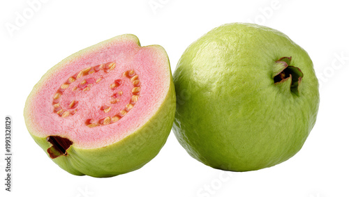 Photos Pink flesh guava halves and whole fruit close-up
