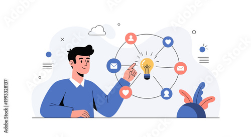 Man interacting with network of ideas and social media icons, innovation concept
