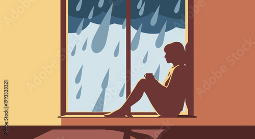 Silhouette of a woman sitting by a window during a rainy day.