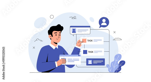 Man managing tasks and projects on a digital board, workflow organization concept