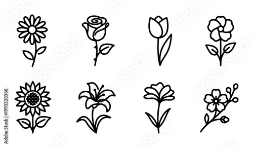 Schilderij op canvas Minimalist flower line icon set, 8 botanical vector elements including rose and