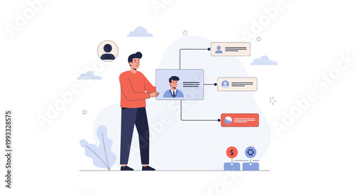 Man organizing business flowchart, HR management, team structure, recruitment concept