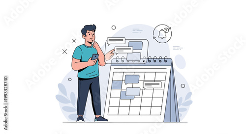 Man Planning Schedule on Calendar with Smartphone and Notification Bell