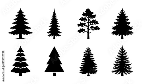 Pine tree silhouette collection, set of 8 evergreen conifer vector icons, black spruce and fir forest shapes for outdoor nature branding and logo design