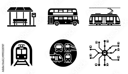 Photos Public transport icon set, black and white city transportation vector symbols, d