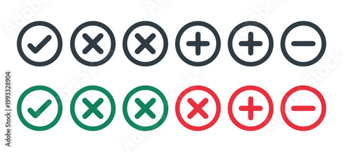 Checkmark cross plus and minus signs in dark outlines and colored circles for confirmation rejection addition or subtraction.