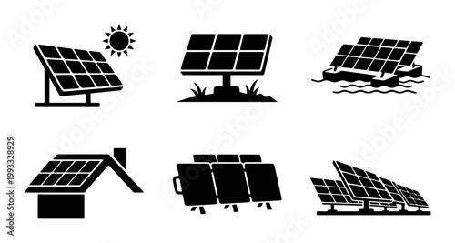 Solar panel icon set, renewable energy vector symbols, sustainable photovoltaic power systems for residential and industrial use, 6 black glyph elements