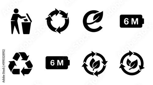 Eco-friendly recycling icons set, black minimalist environmental symbols, 8 vector elements for sustainable packaging and waste management labels