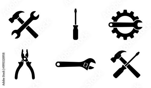 Industrial work tools icon set, black hardware silhouettes including hammer and wrench, mechanical repair equipment vector collection for maintenance