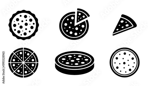 Minimalist pizza icon set, black and white flat vector pizza slices and whole pies, 6 food delivery and restaurant menu symbols