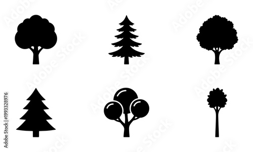 Minimalist tree icons set, black silhouette forest and nature symbols, collection of 6 vector tree shapes for landscaping and environment design