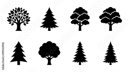 Minimalist black tree silhouette icons, set of 8 forest plant vector symbols, flat nature pine and deciduous tree shapes for landscape design