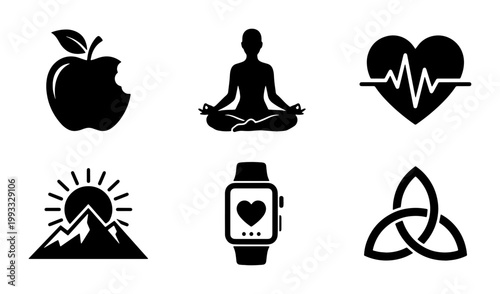 Healthy lifestyle icon set, black silhouette wellness symbols, 6 vector icons for fitness and nutrition, yoga and meditation graphics for web