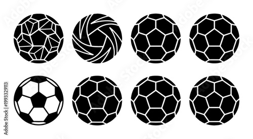 Soccer ball icon set with 8 black and white vector designs, football sports equipment symbols, geometric athletic ball silhouettes for logo design