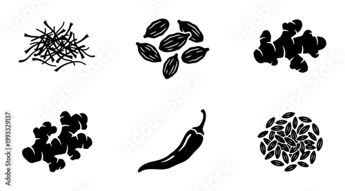 Culinary spice icons set, black silhouette ginger and chili pepper vector, organic cardamom and saffron seasoning elements for food packaging