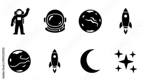 Minimalist space exploration icon set, black solid astronaut and rocket ship vector symbols, 8 astronomy and galaxy glyph icons for web design