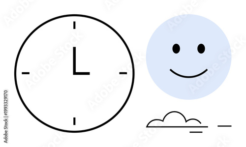 Time management, positivity, mental well-being, work-life balance, productivity, mindfulness. Clock illustration, happy face and cloud shapes. Time management and positivity concept
