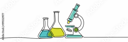 Laboratory Research Line Art Illustration with Microscope and Chemical Flasks, Minimal Science Banner for Biotechnology, Medical Testing, Pharmaceutical Development and Analytical Chemistry