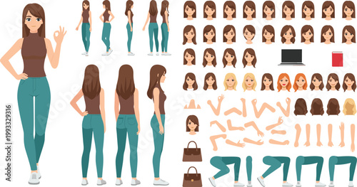 Female Character Creation Kit Featuring Full Body Poses Facial Expressions Hairstyles and Accessories for Animation Design Game Development and Custom Avatar Illustration.