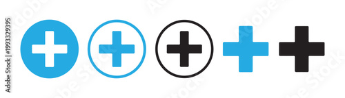 Photos Blue and black addition symbols in various circle styles for digital user interface and application dashboard
