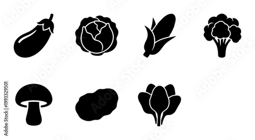 Minimalist vegetable icon set, black solid glyph silhouettes of fresh garden produce, collection of 7 organic food vector elements for grocery apps